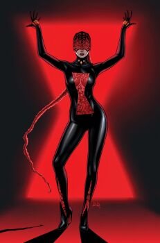 1girl avengers_(series) black_bodysuit black_boots black_widow bodysuit boots breasts comic_cover commentary english_commentary full_body high_heel_boots high_heels highres initial long_hair looking_at_viewer marvel medium_breasts multicolored_bodysuit natasha_romanoff official_alternate_costume official_art red_background red_bodysuit red_hair red_veil russell_dauterman solo veil very_long_hair