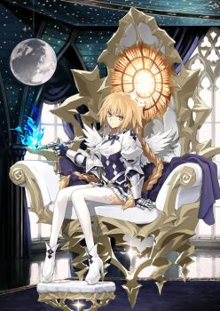 Rule 34 | 1girl, angel wings, arm support, armchair, armored gloves, blonde hair, blue fire, boots, bow, braid, breasts, chair, closed mouth, covered navel, crown, expressionless, fate/grand order, fate (series), feathered wings, fire, footrest, frilled shorts, frills, full body, game cg, gloves, hair between eyes, hair bow, hand up, high collar, high heel boots, high heels, holding, jeanne d'arc (fate), juliet sleeves, knees together feet apart, konoe ototsugu, long hair, long sleeves, looking at viewer, low twin braids, low twintails, metatron jeanne (fate), metatron jeanne (first ascension) (fate), mini crown, moon (ornament), neck ribbon, object request, official art, platform boots, puffy sleeves, purple bow, purple gloves, purple ribbon, purple shorts, ribbon, shirt, short shorts, shorts, sitting, small breasts, solo, stiletto heels, thighhighs, third-party source, twin braids, twintails, underbust, variant set, very long hair, white boots, white shirt, white thighhighs, white wings, wings, yellow eyes