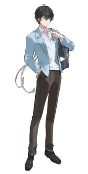 1boy abby_(wuthering_waves) bag bag_charm black_hair black_pants black_shoes blue_jacket charm_(object) closed_eyes closed_mouth facing_viewer full_body grey_sweater hair_between_eyes hand_in_pocket highres jacket long_hair male_focus male_rover_(wuthering_waves) necktie pants purple_necktie revision rover_(wuthering_waves) school_bag shoes simple_background smile solo standing sweater white_background wuthering_waves youngjoo_kjy