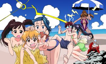 >:) 1boy 5girls angry anime_coloring bag bare_arms bare_legs bare_pectorals bare_shoulders barefoot beach beach_umbrella belt bikini bikini_skirt black-framed_eyewear blonde_hair blue_bikini blue_eyes blue_hair blue_sky blue_swim_trunks blush breasts brown_eyes brown_hair bubble center_opening cleavage clenched_hand clenched_teeth cloud collarbone crab dark_blue_hair drawstring drawstring_bag dress fingernails full-face_blush glasses green_bikini half_updo hand_on_another's_head happy high_ponytail hug_from_side imaishi_hiroyuki knees_together_feet_apart large_pectorals leaning_forward legs_apart legs_together lens_flare light_brown_hair lightning_bolt_symbol long_hair mahoromatic male_swimwear medium_breasts mouth_hold multiple_girls navel non-web_source ocean official_art one-piece_swimsuit open_hand orange-tinted_eyewear pectorals ponytail purple_one-piece_swimsuit rock sand short_hair shouting sitting sky small_breasts squid standing steaming_body strapless strapless_dress sun sunglasses swim_trunks swimsuit tan teeth tinted_eyewear toes tongue twintails two-tone_umbrella umbrella upper_teeth_only v v-shaped_eyebrows yellow_bag yellow_belt yellow_dress