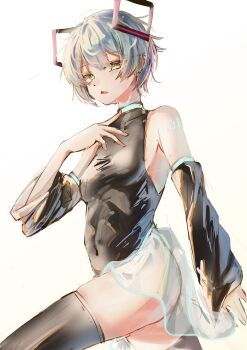 1girl absurdres alternate_hair_length alternate_hairstyle arm_tattoo ass_peek black_shirt black_thighhighs blue_eyes blue_hair breasts commentary detached_sleeves english_commentary feet_out_of_frame hand_on_own_chest hatsune_miku highres lichael long_sleeves medium_breasts messy_hair parted_lips see-through_clothes see-through_skirt shirt short_hair sidelocks skirt solo tattoo thighhighs vocaloid wide_sleeves