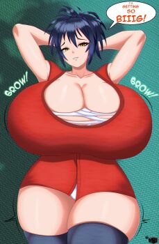 1girl absurdres arms_behind_head arms_up biting_own_lip blue_hair breast_expansion breasts chest_sarashi cleavage curvy female_focus gigantic_breasts highres looking_at_viewer manyuu_chifusa manyuu_hikenchou mewmaster93 ponytail sarashi short_hair skindentation solo speech_bubble thick_thighs thighhighs thighs wide_hips yellow_eyes