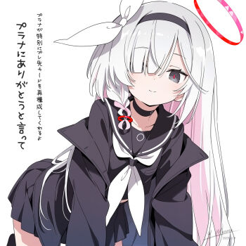 1girl black_choker black_hairband black_jacket black_sailor_collar black_serafuku black_shirt black_skirt black_socks blue_archive choker grey_eyes grey_hair grey_neckerchief hair_over_one_eye hairband halo highres jacket multicolored_hair neckerchief one_eye_covered pink_hair plana_(blue_archive) red_halo sailor_collar school_uniform serafuku shirt simple_background skirt socks solo thighs two-tone_hair white_background yuusha_menma