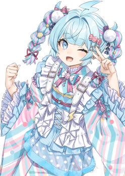 1girl ;d ahoge blue_eyes blue_hair bow braid commentary_request fangs frilled_sleeves frills hair_intakes hand_up hololive hololive_dev_is japanese_clothes kimono lightning_bolt_symbol long_hair long_sleeves looking_at_viewer miri_(ago550421) mizumiya_su mizumiya_su_(new_year) multicolored_hair official_alternate_costume one_eye_closed open_mouth pink_hair polka_dot simple_background smile solo streaked_hair striped_bow twin_braids twintails v white_background white_bow wide_sleeves