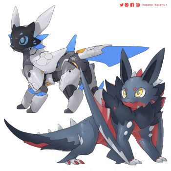 animal_focus artist_name blue_pupils blue_sclera colored_sclera commentary dragon eevee english_commentary facebook_logo facebook_username fakemon gen_1_pokemon highres instagram_logo instagram_username monster_hunter_(series) nargacuga nintendo no_humans original pixiv_logo pixiv_username pokemon pokemon_(creature) robot simple_background slit_pupils twitter_logo twitter_username white_background xezeno yellow_eyes