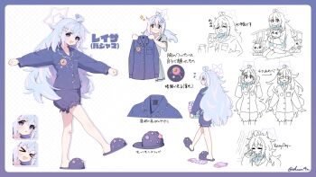 1girl ahoge alternate_costume bandaid bandaid_on_knee bandaid_on_leg blue_archive blue_hair blue_pajamas blue_shorts blue_slippers blush candy_hair_ornament commentary_request fluffy_hair food-themed_hair_ornament full_body grey_serafuku hair_down hair_ornament halo highres holding holding_shirt holding_unworn_clothes long_hair long_sleeves multicolored_hair multiple_expressions multiple_views open_mouth pajamas pink_hair pink_halo purple_eyes reference_sheet reisa_(blue_archive) school_uniform serafuku shirt shorts shuca_ca slippers smile star_halo translation_request twitter_username two-tone_hair unworn_shirt