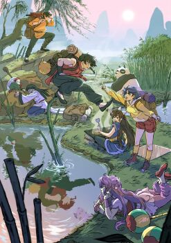 3boys 4girls backpack bag bamboo bamboo_forest bandana bell black_hair black_pants black_pantyhose black_shoes blue_dress blue_hair blunt_bangs blunt_ends boots bow braid breasts brown_shorts china_dress chinese_clothes clenched_hand cologne cooking diana_mercolini double_bun dress flats forest full_body furrowed_brow gold_trim hair_bell hair_between_eyes hair_bow hair_bun hair_ornament hairband hibiki_ryouga highres holding holding_spatula hood hood_down hoodie kuonji_ukyou leaning_forward long_hair lying medium_breasts mountain mousse_(ranma_1/2) multiple_boys multiple_girls nature old old_woman on_stomach open_mouth orange_shirt outdoors panda pants pantyhose parted_bangs pointing pointing_at_another purple_hair purple_pants ranma_1/2 red_hairband red_vest reflection round_eyewear saotome_ranma shading_eyes shampoo_(ranma_1/2) shirt shoes short_hair short_hair_with_long_locks short_sleeves shorts shouting single_braid smile socks spatula staff teapot tendou_akane tree vest white_bow white_hair yellow_bandana yellow_hoodie yellow_socks