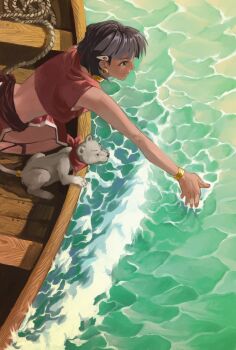 1girl bare_back bare_shoulders belt black_hair blunt_ends boat bob_cut bracelet brown_belt brown_footwear brown_sash closed_mouth cody_bunt commentary cropped_vest cross-laced_sandals dark-skinned_female dark_skin earrings from_above fushigi_no_umi_no_nadia gold_bracelet gold_earrings green_eyes hair_ornament hairclip highres hoop_earrings jewelry king_(nadia) kneeling leaning_forward lion_cub looking_ahead mame_moyashi nadia_la_arwall neck_ring neckerchief ocean on_boat on_vehicle open_clothes open_vest outstretched_arm partially_submerged pelvic_curtain reaching red_neckerchief red_vest rope short_hair sleeveless smile solo tail tail_ornament tail_ring v-shaped_eyebrows vest water waves