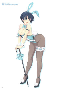 1girl :d absurdres animal_ear_hairband animal_ears aqua_leotard aqua_nails ass bent_over black_shoes blue_eyes blue_hair bow bowl_cut bowtie breasts cane cleavage detached_collar fake_animal_ears fake_tail frilled_thigh_strap hairband hand_on_cane high_heels highleg highleg_leotard highres large_breasts leotard looking_to_the_side magazine_scan nail_polish non-web_source official_art open_mouth pantyhose planted_cane playboy_bunny rabbit_ear_hairband rabbit_ears rabbit_tail scan senran_kagura senran_kagura_new_link shoes short_hair skindentation smile solo strapless strapless_leotard tail thigh_strap translated white_wrist_cuffs wrist_cuffs yozakura_(senran_kagura)