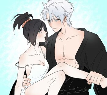 Rule 34 | 1boy, 1girl, aqua eyes, bare pectorals, barefoot, black hair, black robe, bleach, bleach: epilogue, breasts, brown eyes, cleavage, commentary, dress, english commentary, grabbing another's ankle, hetero, highres, hitsugaya toushirou, hitsugaya toushirou (adult), holding another's ankle, kurosaki karin, large breasts, pectorals, ponytail, robe, short dress, silegesi, spaghetti strap, strap slip, white dress, white hair