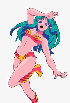 1girl animal_print aqua_hair bikini boots breasts cone_horns horns kme knee_boots long_hair looking_at_viewer lum navel open_mouth pointy_ears print_bikini print_boots simple_background solo swimsuit teeth tiger_print upper_teeth_only urusei_yatsura white_background