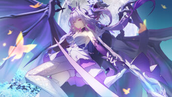 1girl absurdres ass bare_shoulders black_tiara bow breasts bug butterfly castorice_(honkai:_star_rail) closed_mouth commentary_request dragon dress elbow_gloves field flower flower_field gloves hair_bow hair_flower hair_ornament hand_to_weapon highres honkai:_star_rail honkai_(series) insect large_breasts legwear_cutout long_hair looking_at_viewer moon orange_butterfly pantyhose pink_flower pollux_(honkai:_star_rail) purple_bow purple_eyes purple_gloves purple_hair scythe single_leg_pantyhose single_thighhigh solo thighhighs thighs tiara white_dress white_pantyhose white_thighhighs yuyiosang