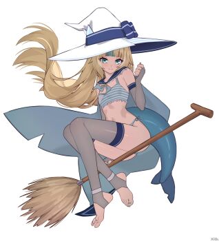1girl absurdres alternate_costume aqua_eyes ass bare_shoulders blonde_hair blue_bow blue_bra blue_hair blue_nails blue_neckerchief blue_panties blue_sailor_collar blunt_bangs bow bra broom broom_riding closed_mouth commentary elbow_gloves english_commentary feet fingerless_gloves fins fish_tail flat_chest frilled_sailor_collar frills gloves grey_gloves grey_thighhighs hat hat_bow highres indie_virtual_youtuber long_hair looking_at_viewer multicolored_hair nail_polish navel neckerchief paid_reward_available panties ribs sailor_collar sameko_saba side-tie_panties sidesaddle simple_background smile solo stirrup_legwear stomach streaked_hair striped_bra striped_clothes tail thighhighs thighs toeless_legwear toenail_polish toenails toes two-tone_bra underwear v-shaped_eyebrows very_long_hair virtual_youtuber white_background white_bra witch_hat x_xith_x