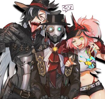 1girl 2boys android ascot baseball_cap black_coat black_hair blonde_hair boke_aho_nara boothill_(honkai:_star_rail) breasts coat commentary_request cowboy_hat fake_horns hat highres honkai:_star_rail honkai_(series) horned_headwear horns large_breasts long_hair midriff monocle multicolored_hair multiple_boys musical_note navel open_mouth pink_hair rappa_(honkai:_star_rail) red_ascot robot screwllum_(honkai:_star_rail) sharp_teeth shirt simple_background spoken_musical_note teeth tied_shirt two-tone_hair very_long_hair white_background white_hair white_shirt