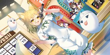 Rule 34 | 3girls, :p, = =, animal ear fluff, animal ears, black hair, black necktie, black wings, blonde hair, breasts, brown hair, collared shirt, covered navel, crossed arms, double fox shadow puppet, dutch angle, fox ears, fox girl, fox shadow puppet, fox tail, frilled shirt collar, frills, game show, hair ribbon, hat, highres, himekaidou hatate, hitodama, holding, holding microphone, kedama (touhou), kudamaki tsukasa, long hair, looking at viewer, microphone, multiple girls, necktie, official art, open mouth, pom pom (clothes), puffy short sleeves, puffy sleeves, purple hat, purple ribbon, red hat, ribbon, rk (rktorinegi), romper, shameimaru aya, shirt, short hair, short sleeves, small breasts, tail, third-party source, tokin hat, tongue, tongue out, touhou, touhou lostword, triangular headpiece, twintails, white romper, white shirt, wings, yellow eyes