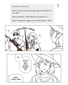 1boy 2girls beret cleavage_cutout closed_eyes closed_mouth clothing_cutout collarbone collared_shirt commentary courier_(fallout:_new_vegas) craig_boone earrings english_commentary english_text fallout fallout:_new_vegas gun hair_between_eyes hat holding holding_gun holding_weapon jewelry m1_garand milramemo multiple_girls nelyne_(milramemo) noelle_rutherford original pointy_ears rifle scope shirt short_sleeves sniper_rifle sparkle sunglasses v-shaped_eyebrows weapon witch_hat wrench