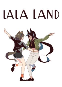 Rule 34 | 2girls, absurdres, animal ears, black footwear, black hair, black jacket, black shirt, black shorts, bra, brown hair, closed mouth, crop top, cutoffs, dancing, dark-skinned female, dark skin, full body, gocic, green jacket, high heels, highres, horse ears, horse girl, horse tail, jacket, la la land, long hair, long sleeves, movie poster (medium), multiple girls, open mouth, outstretched arms, pants, parody, ponytail, poster parody, shirt, shoes, short hair, shorts, simple background, smile, spread arms, standing, standing on one leg, symboli kris s (umamusume), tail, tap dance city (umamusume), umamusume, underwear, white background, white pants