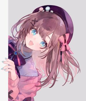 1girl :3 beret blue_eyes blue_gem blue_nails bow brown_hair cardigan commentary_request gem hair_bow hair_ornament hat highres long_hair long_sleeves nekoolantern nijisanji open_mouth peeking_out pink_bow pink_cardigan portrait shirt simple_background straight_hair suzuhara_lulu suzuhara_lulu_(1st_costume) virtual_youtuber white_shirt x_hair_ornament