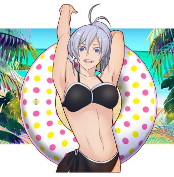 Rule 34 | abs, ahoge, armpits, arms up, beach, bikini, black bikini, blue hair, breasts, buoy, grey hair, highres, hirakawa, long hair, looking at viewer, medium breasts, melty blood, navel, ocean, palm tree, ponytail, riesbyfe stridberg, smile, stomach, swimsuit, tomboy, tree, tsukihime