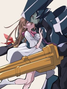 Rule 34 | 1boy, 1girl, absurdres, android, arm cannon, armband, armor, asagi marin, bad proportions, brigadoon, brown hair, colored skin, dress, grey skin, hetero, highres, hug, ichi (two too 22), kiss, long legs, melan blue, no eyewear, red eyes, short sleeves, socks, weapon, white dress, white socks