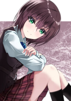 Rule 34 | 1girl, absurdres, aoi erika, black hair, black socks, commentary request, from side, green eyes, heaven burns red, highres, natsuki (muravito), school uniform, short hair, sitting, skirt, smile, socks