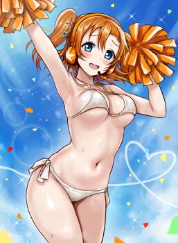 1girl armpits arms_up bare_shoulders bikini blue_eyes blush breasts cleavage collarbone commentary_request commission confetti cowboy_shot hair_between_eyes headset highres holding holding_pom_poms kosaka_honoka lens_flare long_hair looking_at_viewer love_live! love_live!_school_idol_project medium_breasts navel one_side_up open_mouth orange_hair pom_pom_(cheerleading) pom_poms r-binon sidelocks skeb_commission smile solo standing stomach sweat swimsuit white_bikini