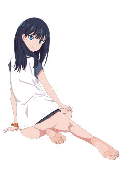 1girl absurdres ass barefoot black_hair blue_eyes feet gridman_universe highres long_hair looking_at_viewer panties pantyshot piaofu_wu smile soles ssss.gridman takarada_rikka toes underwear
