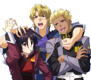 Rule 34 | 3boys, black hair, blonde hair, blue eyes, brown hair, compass uniform, dark skin, dearka elsman, english text, gundam, gundam seed, gundam seed freedom, long sleeves, lukaaa, military, military uniform, mu la flaga, multiple boys, open mouth, scar, shinn asuka, shirt, short hair, simple background, smile, white background, zaft uniform