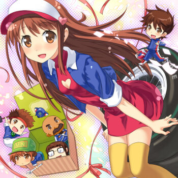 1990s_(style) 2girls 4boys blush box brown_eyes brown_hair buntan character_request cleavage_cutout clothing_cutout cropped_jacket future_gpx_cyber_formula halftone halftone_background hat heart heart_cutout helmet in_box in_container jacket jounouchi_miki kazami_hayato kurumada_tetsuichirou long_hair looking_at_viewer maki_shinsuke multiple_boys multiple_girls pink_ribbon racing_suit retro_artstyle ribbon sitting sitting_on_object sleeves_rolled_up smile sugou_asuka sumi_ryouhei thighhighs unused_tire unworn_headwear unworn_helmet visor_cap yellow_legwear zettai_ryouiki