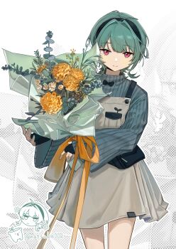 Rule 34 | 1girl, ahoge, black gloves, black hairband, bouquet, bow, chibi, chibi inset, commentary, cowboy shot, fingerless gloves, flower, gloves, gradient background, green hair, hair intakes, hairband, halftone, halftone background, hashtag-only commentary, highres, holding, holding bouquet, light smile, long sleeves, looking at viewer, natsuba002, original, overall skirt, red eyes, solo, sweater, untranslatable commentary, turtleneck, turtleneck sweater, twitter username, yellow bow, zoom layer