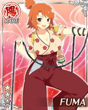 1girl :d breasts brown_eyes card_(medium) chain cleavage fuma_(senran_kagura) game_cg hair_ribbon japanese_clothes large_breasts leg_up looking_at_viewer medium_hair non-web_source official_alternate_costume official_art open_mouth orange_hair ribbon senran_kagura senran_kagura_new_wave smile solo spinning_top topknot