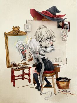 ahoge apron blue_archive book bow bowtie braid canvas_(object) cherino_(blue_archive) cherino_(portrait)_(blue_archive) doodle_sensei_(blue_archive) eri_(blue_archive) facial_hair glass_bottle halo hat highres kim_yong-ha long_hair looking_at_mirror manlification mirror o2otsu orange_eyes paint_palette paint_tube paintbrush ponytail portrait_(object) reference_sheet sensei_(blue_archive) shirt signature skirt stool sweater trash_can unworn_hat unworn_headwear white_hair witch_hat