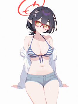 1girl absurdres ayane_(blue_archive) ayane_(swimsuit)_(blue_archive) bikini black_hair blue_archive blue_shorts blush braid breasts chinese_commentary cleavage collarbone commentary_request crown_braid front-tie_bikini_top front-tie_top glasses halo head_tilt highres jacket jacket_partially_removed large_breasts looking_at_viewer navel nyarnya official_alternate_costume open_clothes open_jacket pointy_ears ponytail red-framed_eyewear red_halo short_hair short_ponytail short_shorts shorts simple_background solo striped_bikini striped_clothes swimsuit white_background white_jacket yellow_eyes