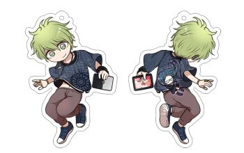 1boy 1girl ahoge amami_rantaro antenna_hair blue_hair brown_pants charm_(medium) chibi commentary_request danganronpa_(series) danganronpa_v3:_killing_harmony ear_piercing earrings glasses green_eyes green_hair hair_between_eyes jacket jewelry long_hair long_sleeves looking_at_viewer male_focus multiple_piercings navel necklace pants piercing pleated_skirt school_uniform shirogane_tsumugi shirt short_hair simple_background skirt smile striped_clothes striped_shirt tablet_pc white_background yunxd