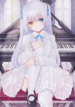 1girl blush colored_pencil_(medium) darkkanan deaf disability dress eyes_visible_through_hair frilled_dress frills grey_hair hair_ribbon hearing_aid heterochromia highres instrument long_hair looking_at_viewer mary_janes original piano pinafore_dress ribbon shoes sitting sleeveless sleeveless_dress solo thighhighs thighs traditional_media white_dress white_hair