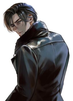 Rule 34 | 1boy, beard stubble, black jacket, blue eyes, brown hair, commentary, english commentary, facial hair, fur-trimmed jacket, fur trim, hair between eyes, henoopd, highres, jacket, leon s. kennedy, lips, long sleeves, looking at viewer, looking back, male focus, nose, parted lips, resident evil, resident evil requiem, shaded face, short hair, simple background, solo, stubble, tsurime, upper body, variant set, white background