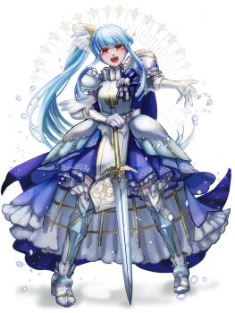 Rule 34 | 1girl, :d, aoi dialogue, armor, azur (sky high), blue dress, blue hair, boots, chain paradox, dress, full body, glint, highres, long hair, looking at viewer, open mouth, ponytail, red eyes, smile, solo, sword, transparent background, very long hair, weapon
