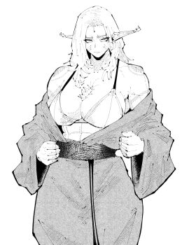 1girl abs bare_shoulders bra breasts closed_mouth commentary cowboy_shot elf english_commentary greyscale hatching_(texture) highres kimono_partially_removed large_breasts linear_hatching long_hair long_sleeves looking_at_viewer miregeist monochrome muscular muscular_female original pointy_ears sanpaku sash serious simple_background solo underwear white_background wide_sleeves