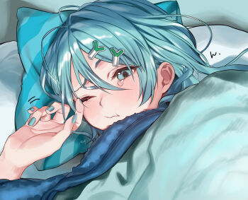 Rule 34 | 1girl, ;t, bed, blue eyes, blue hair, blue nails, closed mouth, food-themed hair ornament, hair between eyes, hair ornament, hand up, hatsune miku, highres, makita (vector1525), nail polish, one eye closed, pillow, solo, spring onion hair ornament, tears, under covers, vocaloid
