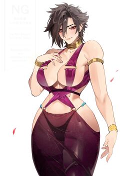 1girl armlet black_panties breasts closed_mouth commentary cowboy_shot dancer earrings falling_petals final_fantasy final_fantasy_xiv hair_between_eyes hand_on_own_chest highleg highleg_panties highres hyur jewelry large_breasts light_blush looking_at_viewer mole mole_under_eye neck_ring panties petals pink_eyes revealing_clothes see-through_clothes shishamo_712 short_hair skindentation smile solo standing string_panties stud_earrings symbol-only_commentary underwear warrior_of_light_(ff14)