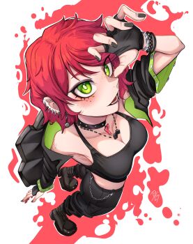 1girl absurdres armpits black_boots black_choker black_gloves black_jacket black_nails black_pants black_tank_top body_freckles boots bracelet breasts bright_pupils chain choker cleavage dice dice_necklace dilan_griz ear_piercing earrings fingerless_gloves fingernails freckles from_above full_body gloves green_eyes hand_up highres jacket jewelry large_breasts looking_at_viewer multiple_piercings nail_polish necklace open_clothes open_jacket open_mouth original pants piercing red_hair short_hair shoulder_freckles smile solo studded_choker swept_bangs tank_top terry_(dilan_griz) white_pupils