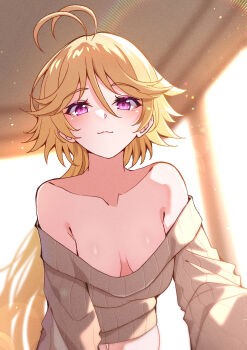 1girl absurdres antenna_hair bent_over blonde_hair blurry blurry_background blush breasts cyanzan dress highres indoors long_hair long_sleeves looking_at_viewer medium_breasts off-shoulder_dress off_shoulder purple_eyes ribbed_sweater smile solo sweater sweater_dress trinity_seven yamana_mira