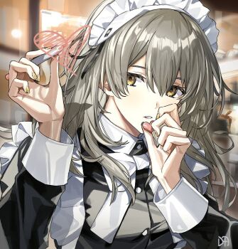 1girl alternate_costume apron artist_name black_dress blurry blurry_background bow bowtie buttons daenarys drawing_(action) dress enmaided frills grey_hair hair_between_eyes hands_up heart holding holding_pen honkai:_star_rail honkai_(series) indoors long_hair long_sleeves looking_at_viewer maid maid_apron maid_headdress nail_polish parted_lips pen solo stelle_(honkai:_star_rail) trailblazer_(honkai:_star_rail) upper_body white_apron white_bow white_bowtie yellow_eyes yellow_nails
