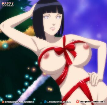 1girl arm_behind_head arm_up armpits artist_name black_hair boruto:_naruto_next_generations breasts christmas christmas_tree hand_on_own_head hand_on_own_hip huge_breasts hyuuga_hinata kumostudios large_breasts looking_at_viewer mature_female naked_ribbon naruto_(series) naruto_shippuuden nipples no_pupils nude patreon_logo patreon_username pine_tree pussy pussy_peek red_ribbon ribbon short_hair smile solo tree watermark web_address white_eyes