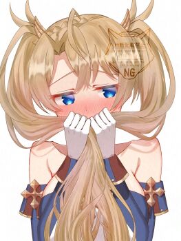 1girl ahoge bare_shoulders blonde_hair blue_eyes blush bradamante_(fate) bradamante_(first_ascension)_(fate) breasts commentary_request detached_sleeves fate/grand_order fate_(series) highres large_breasts long_hair looking_at_viewer solo tanutika twintails watermark