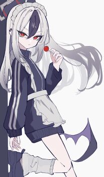 1girl absurdres apron black_hair blue_archive breasts commentary_request gouyoku_(greeding043) grey_background hair_between_eyes highres jersey_maid kayoko_(blue_archive) long_hair looking_at_viewer maid maid_apron maid_headdress multicolored_hair red_eyes small_breasts thighs two-tone_hair unconventional_maid white_hair