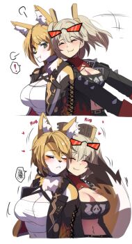 ! 2girls absurdres animal_ear_fluff animal_ears belly black_jacket blonde_hair blush body_fur breasts burnice_white cat_ears cat_girl cat_tail cleavage closed_eyes closed_mouth commentary english_commentary eyewear_on_head frown furry furry_female green_eyes highres hinghoi jacket large_breasts leather leather_jacket multiple_girls navel pulchra_fellini simple_background smile stomach tail white_background yellow_fur yuri zenless_zone_zero