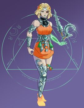 1girl absurdres ancient_greek_clothes armor blonde_hair bone colored_sclera dagger dress full_body greco-roman_clothes green_lips hades_(series) hades_2 heterochromia highres jewelry knife melinoe_(hades) orange_dress shaythemutant short_hair sickle skeletal_arm tunic weapon