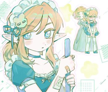 1boy 1girl alternate_costume apron bandaid bandaid_on_hand blonde_hair blush braid choker collarbone crossdressing crossdressing_(mtf) crown_braid didi_en_ilu dress enmaided garter_straps green_choker green_dress green_ribbon hair_between_eyes hair_ribbon highres holding link long_hair maid maid_headdress nintendo ponytail princess_zelda puffy_short_sleeves puffy_sleeves ribbon shoes short_sleeves smile the_legend_of_zelda thighhighs waist_apron white_apron white_thighhighs