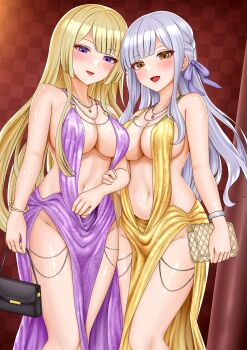 2girls arm_at_side assault_lily bag blonde_hair blunt_bangs blush bracelet braid breasts checkered_wall cleavage collarbone commentary_request cowboy_shot dress evening_gown fingernails grey_hair groin hair_ribbon hand_up handbag heads_together highres holding holding_bag imai_tomohiro indoors jewelry kon_kanaho large_breasts locked_arms long_hair looking_at_viewer miyagawa_takane multiple_girls navel necklace open_mouth parted_lips pelvic_curtain pendant pillar plunging_neckline purple_dress purple_eyes purple_ribbon ribbon side-by-side side_braid sideless_dress sidelocks sleeveless sleeveless_dress smile standing stomach thighlet very_long_hair wavy_hair yellow_dress yellow_eyes